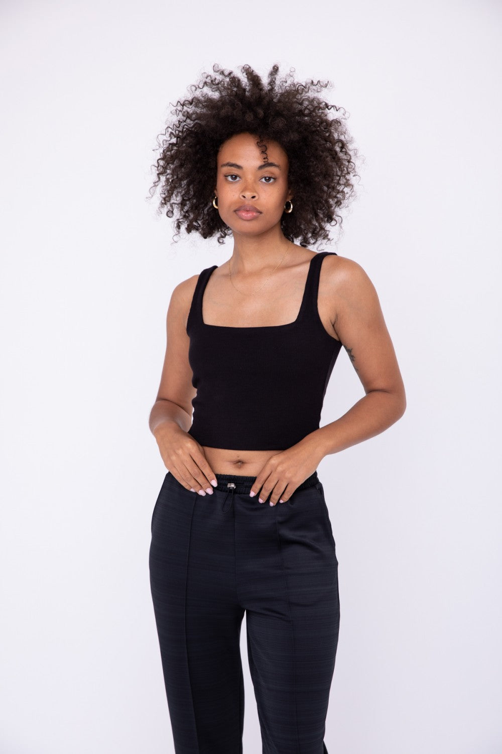 Double Lined Ribbed Square Neck Crop Tank Black