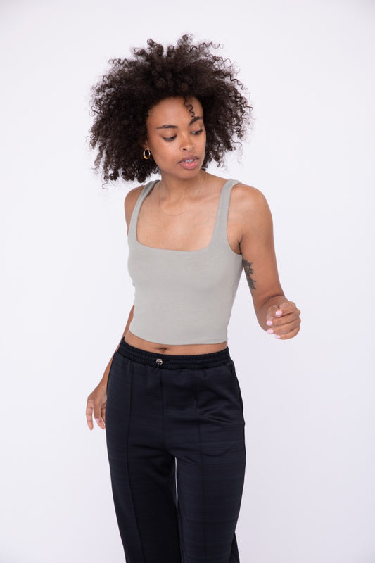 Double Lined Ribbed Square Neck Crop Tank Taupe