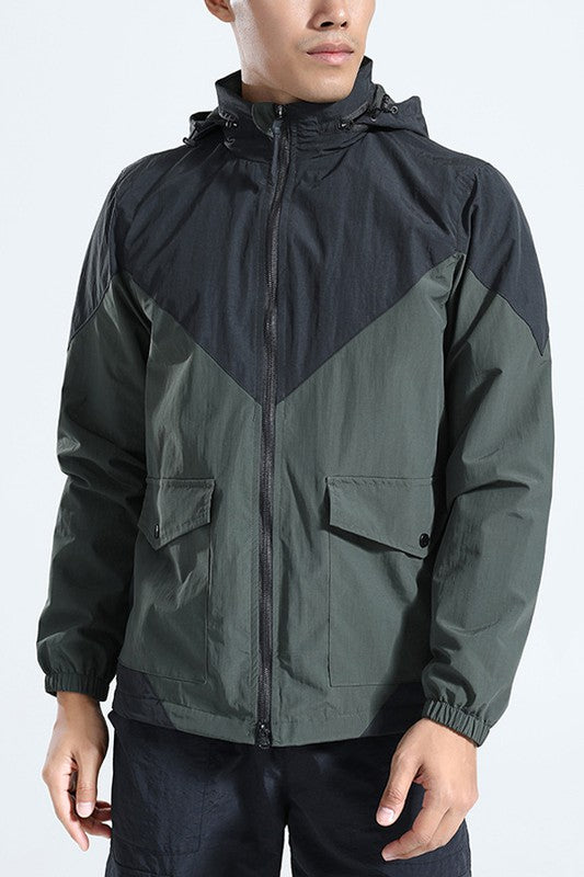 Colorblock Full Zip Waterproof Windbreaker Hooded Jacket Green