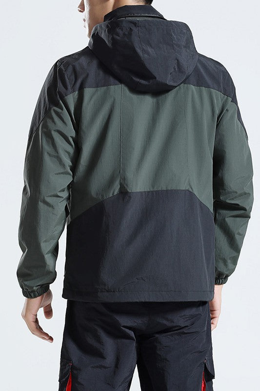 Colorblock Full Zip Waterproof Windbreaker Hooded Jacket Green