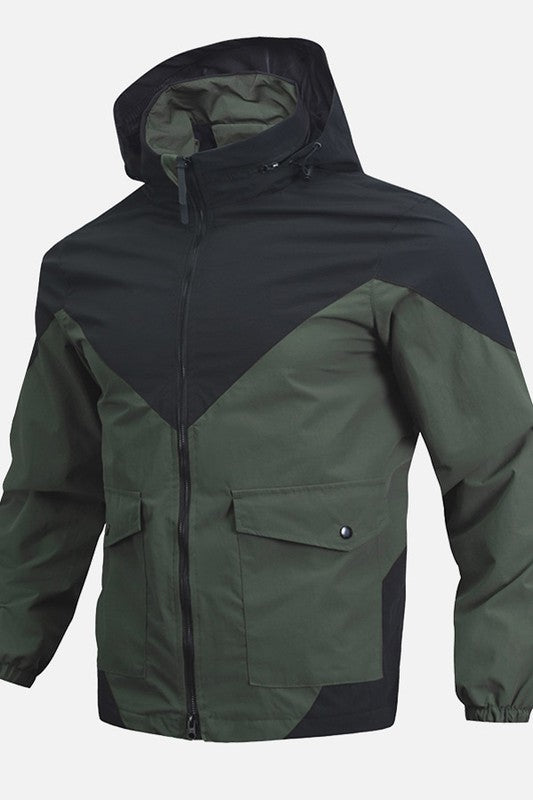 Colorblock Full Zip Waterproof Windbreaker Hooded Jacket Green