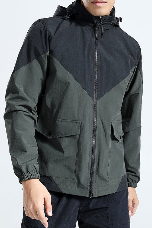 Colorblock Full Zip Waterproof Windbreaker Hooded Jacket Green