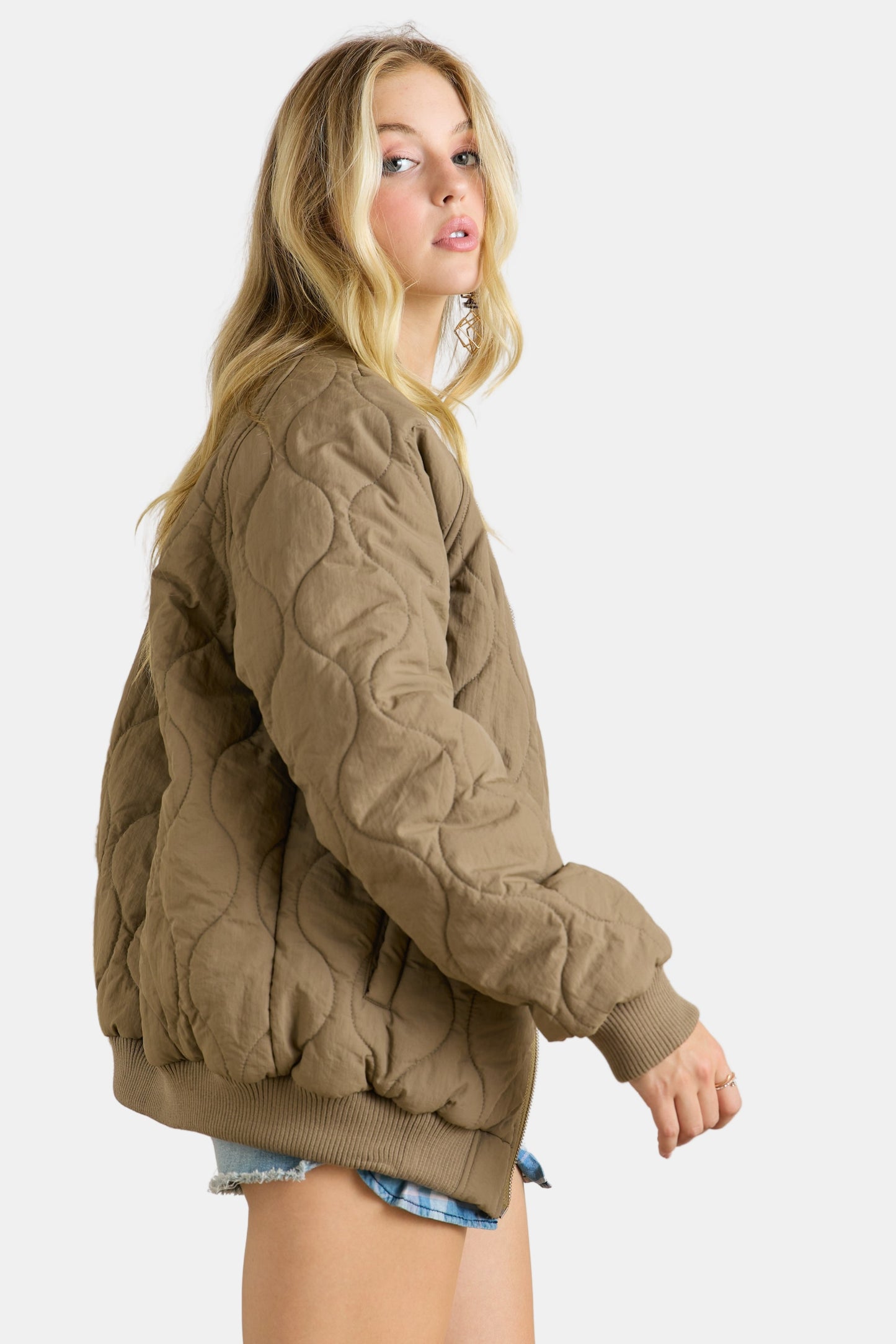 Quilted Utility Bomber Jacket Khaki Olive