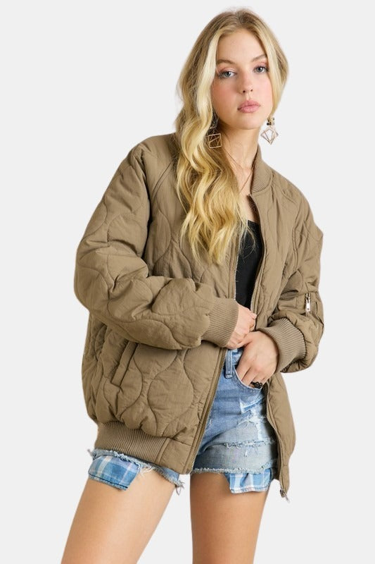 Quilted Utility Bomber Jacket Khaki Olive