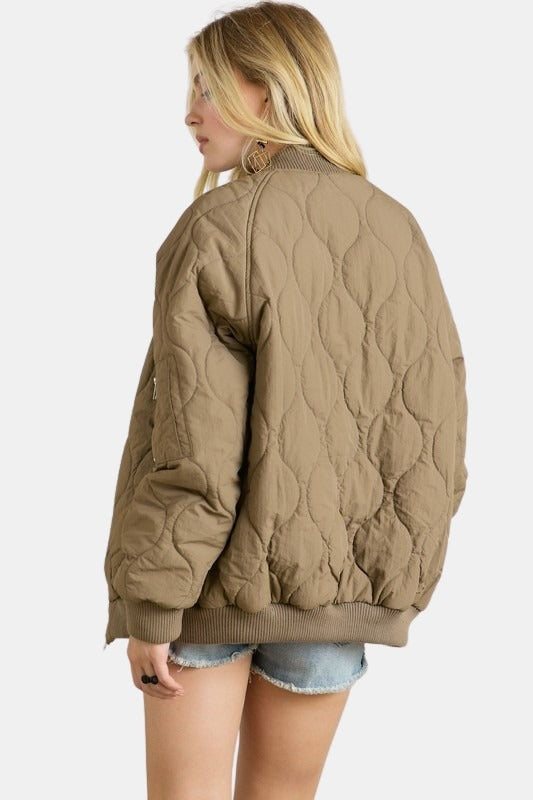 Quilted Utility Bomber Jacket Khaki Olive