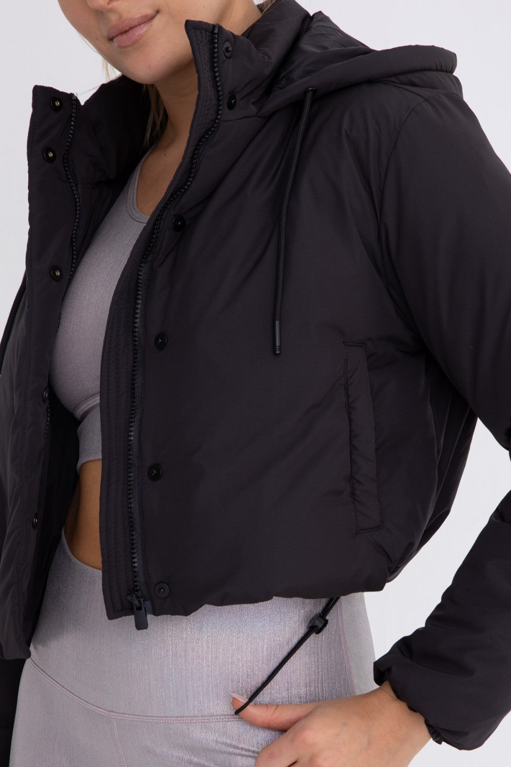 Cropped Puffer Drawstring Hooded Jacket Black