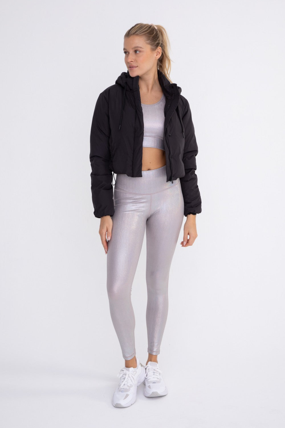 Cropped Puffer Drawstring Hooded Jacket Black