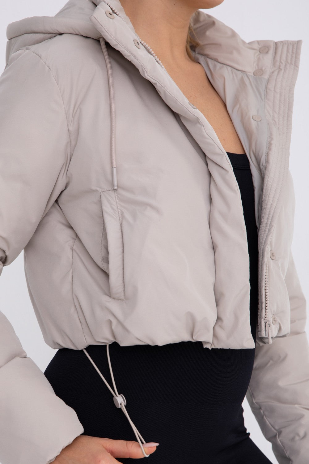 Cropped Puffer Drawstring Hooded Jacket Tan