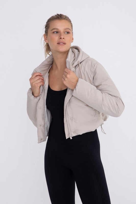 Cropped Puffer Drawstring Hooded Jacket Tan