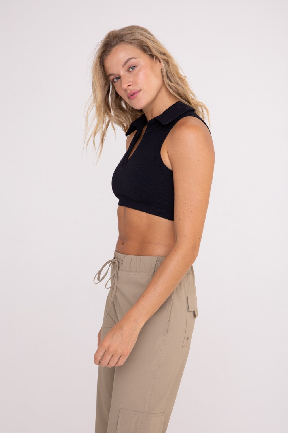 Ribbed Crop Polo Collar Tank