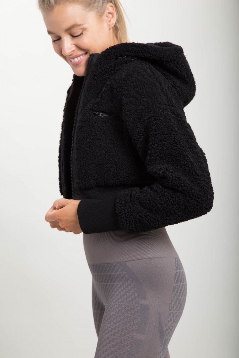 Crop Hooded Sherpa Jacket Black