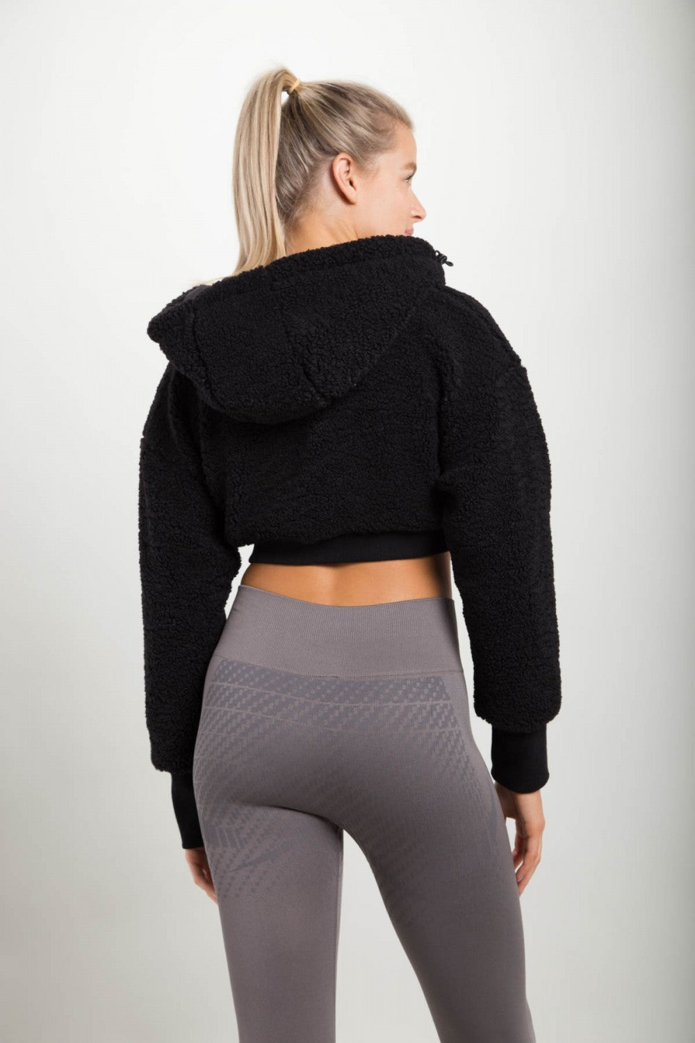 Crop Hooded Sherpa Jacket Black