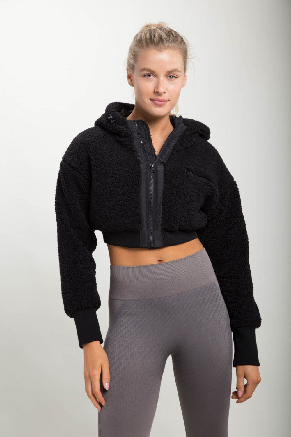 Crop Hooded Sherpa Jacket Black