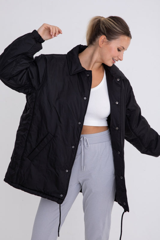 Longline Oversized Collar Drawstring Jacket Black