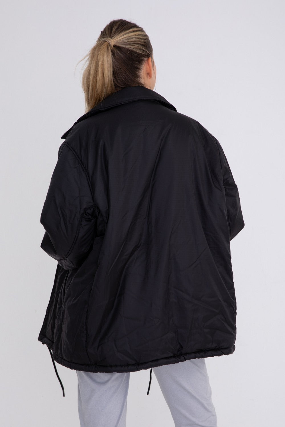 Longline Oversized Collar Drawstring Jacket Black