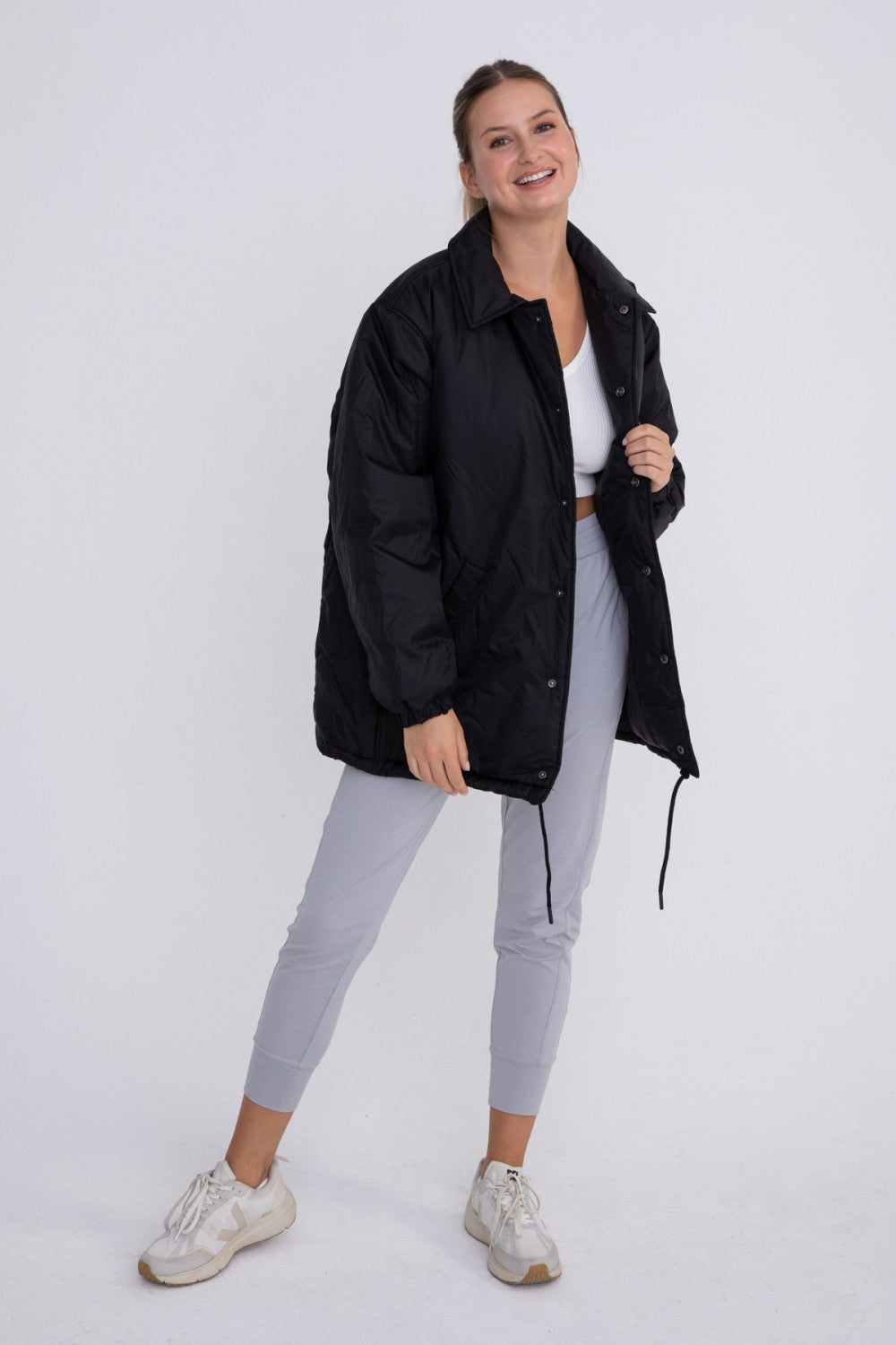 Longline Oversized Collar Drawstring Jacket Black