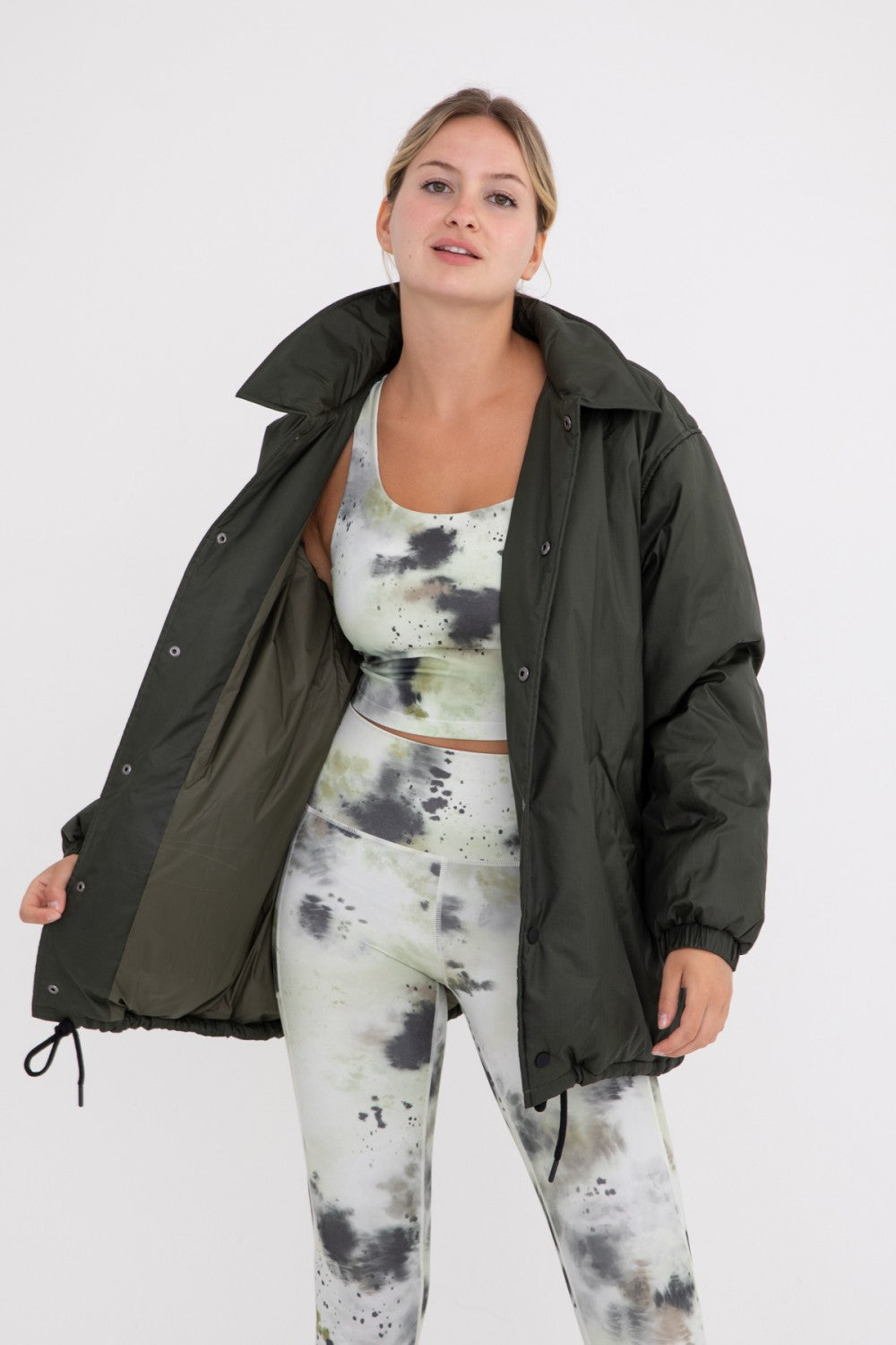 Longline Oversized Collar Drawstring Jacket Green