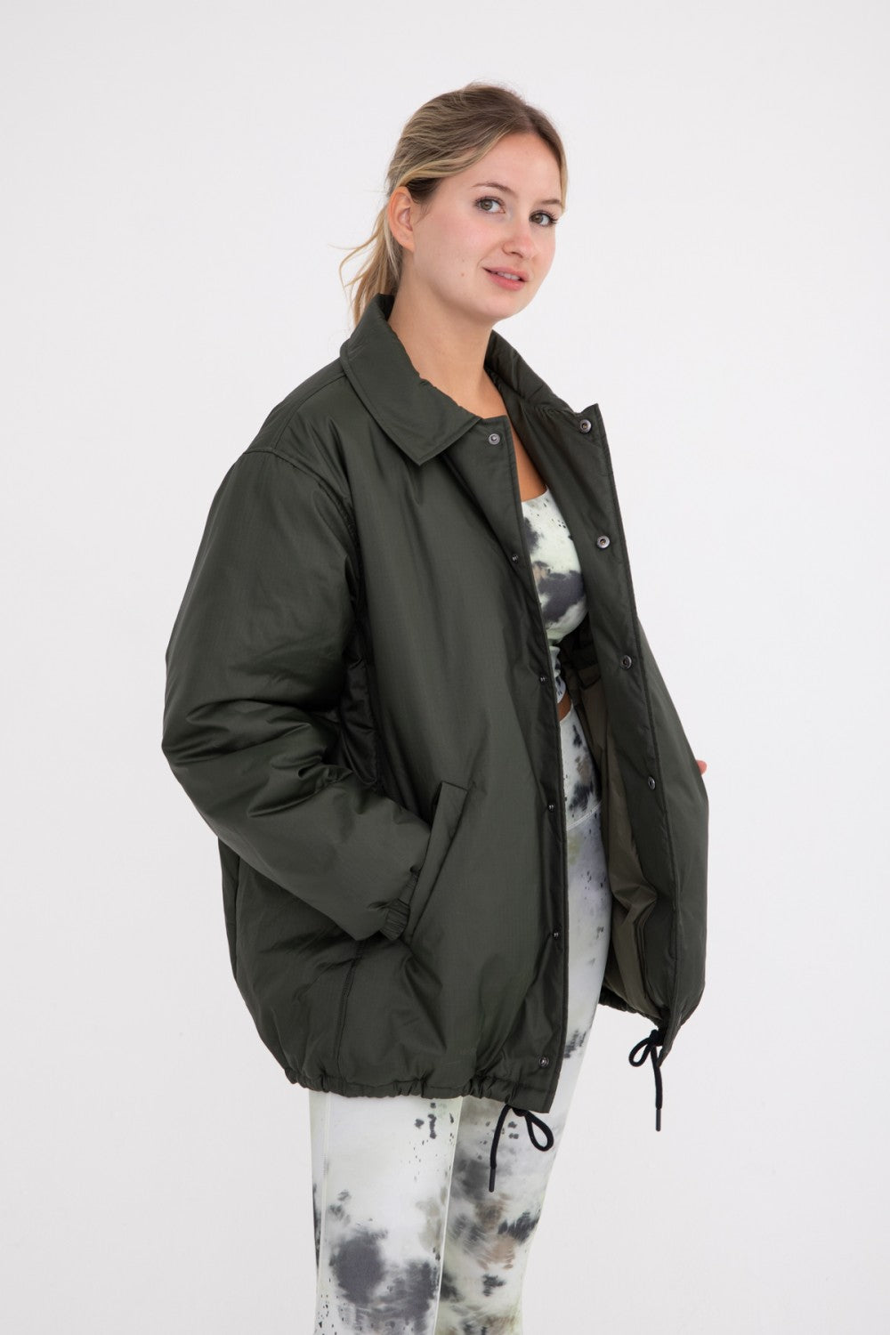 Longline Oversized Collar Drawstring Jacket Green