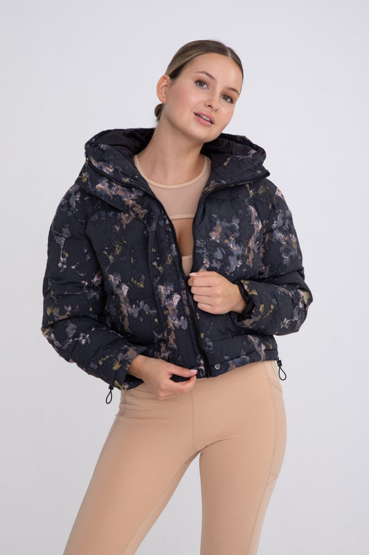 Floral Watercolor Hooded Cropped Puffer Jacket