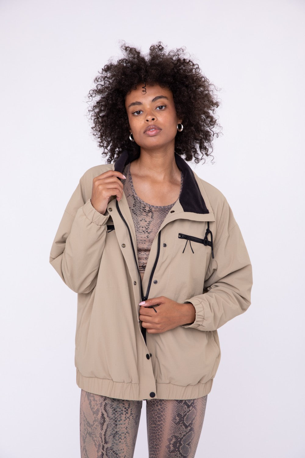 Oversized Trucker Fleece-Lined Collar Zip Jacket Tan