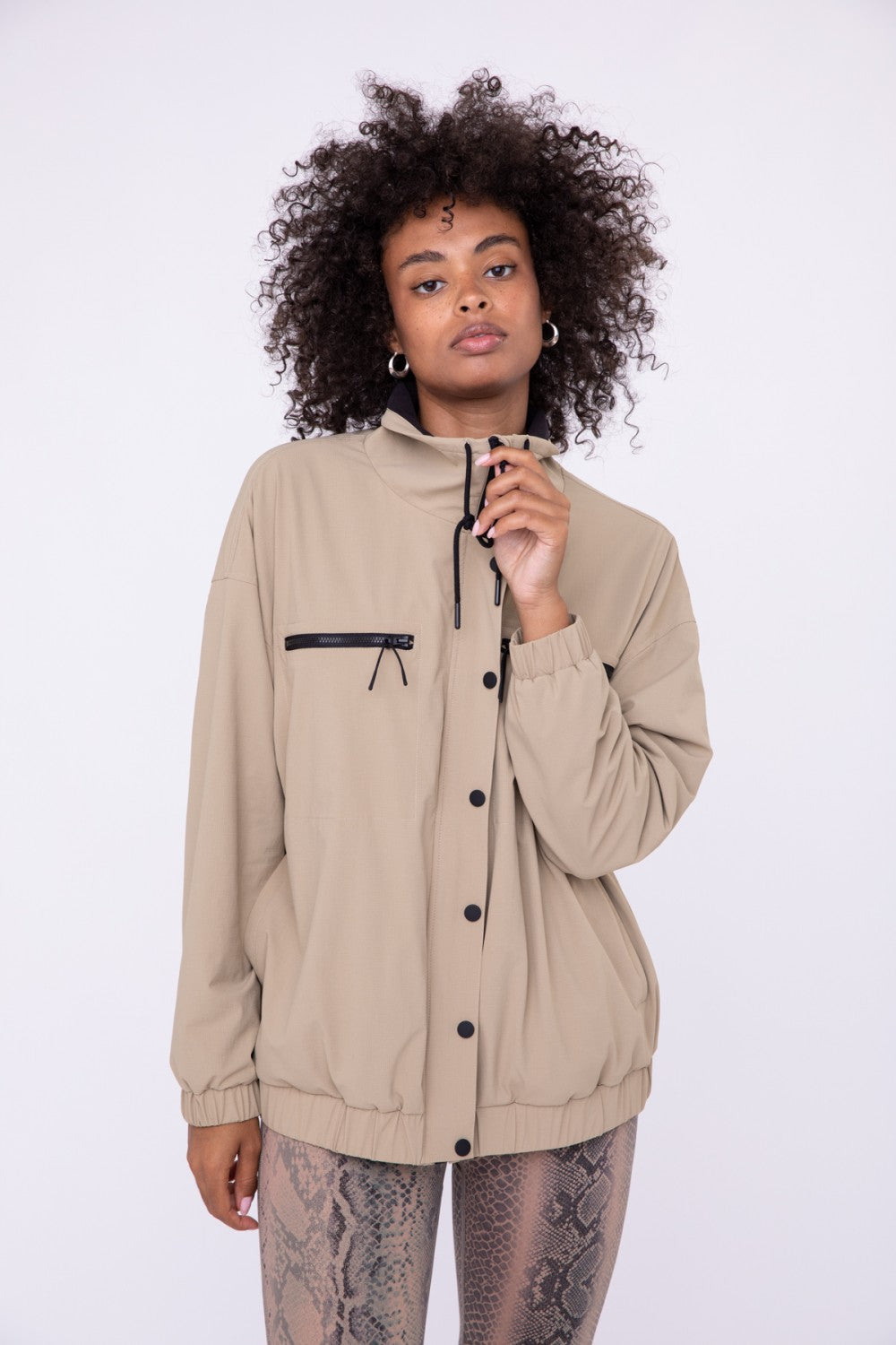 Oversized Trucker Fleece-Lined Collar Zip Jacket Tan