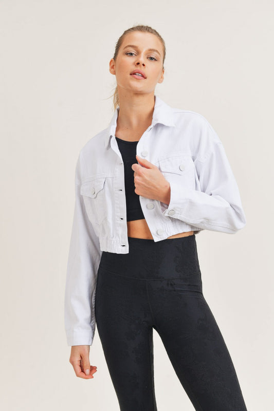 White Ribbed Hem Crop Denim Jacket