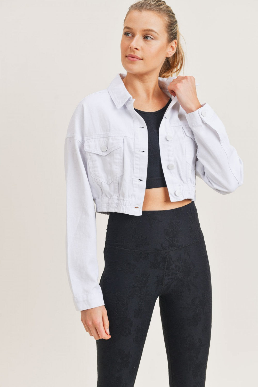 White Ribbed Hem Crop Denim Jacket