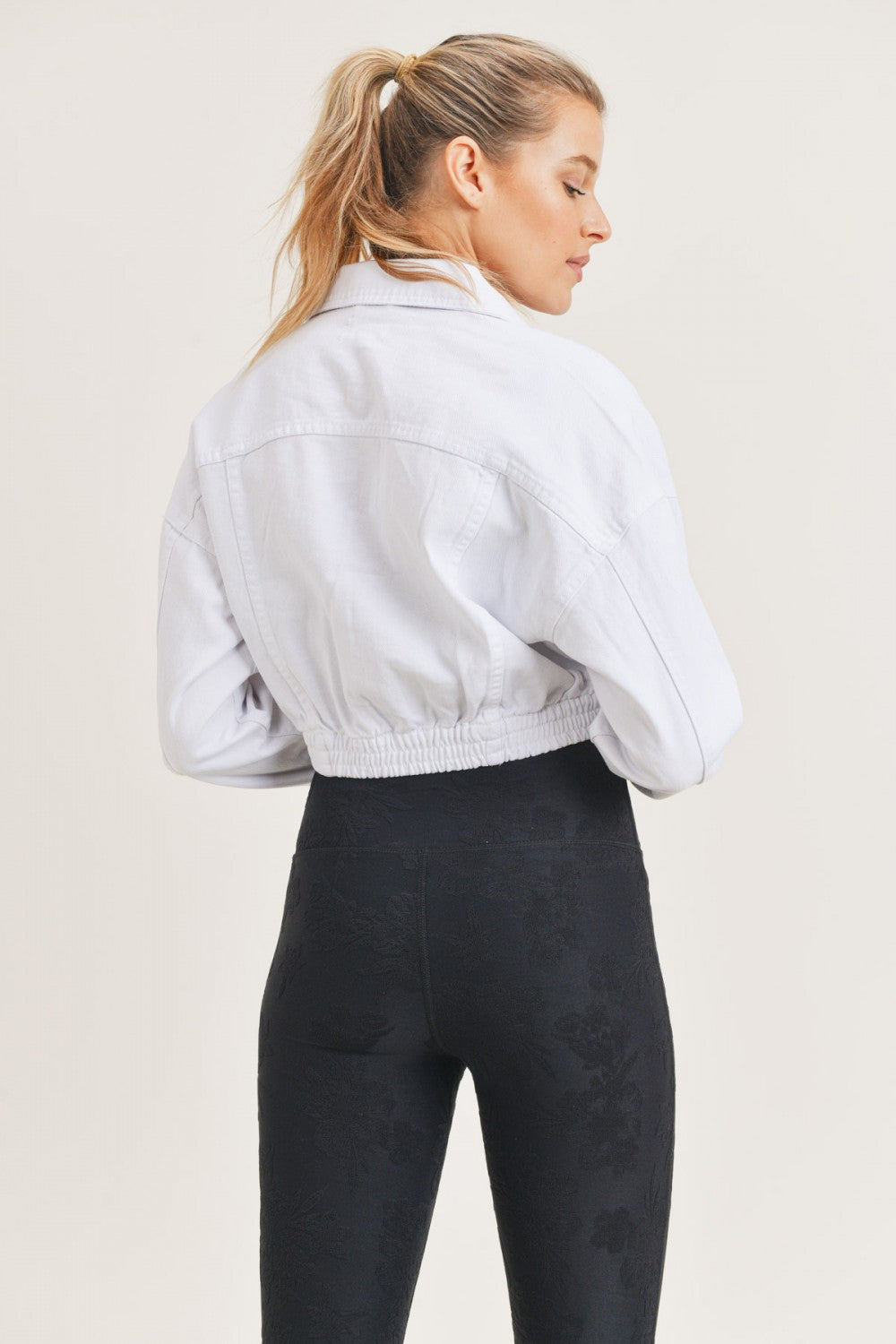 White Ribbed Hem Crop Denim Jacket