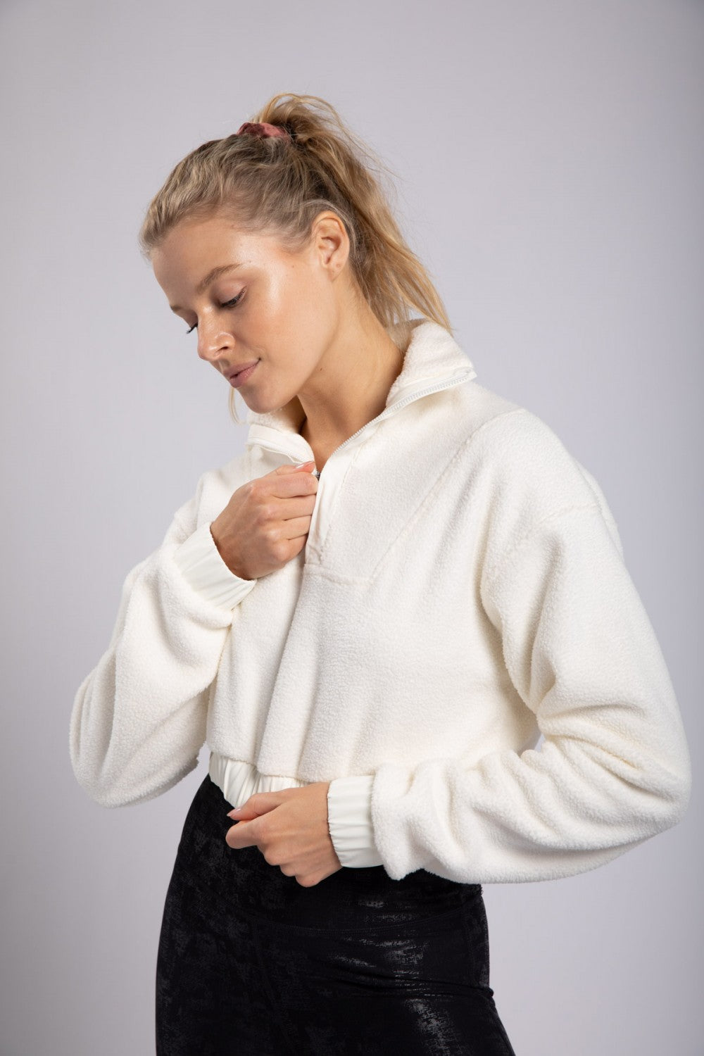 Cropped Teddy Half-Zip Pullover Ivory