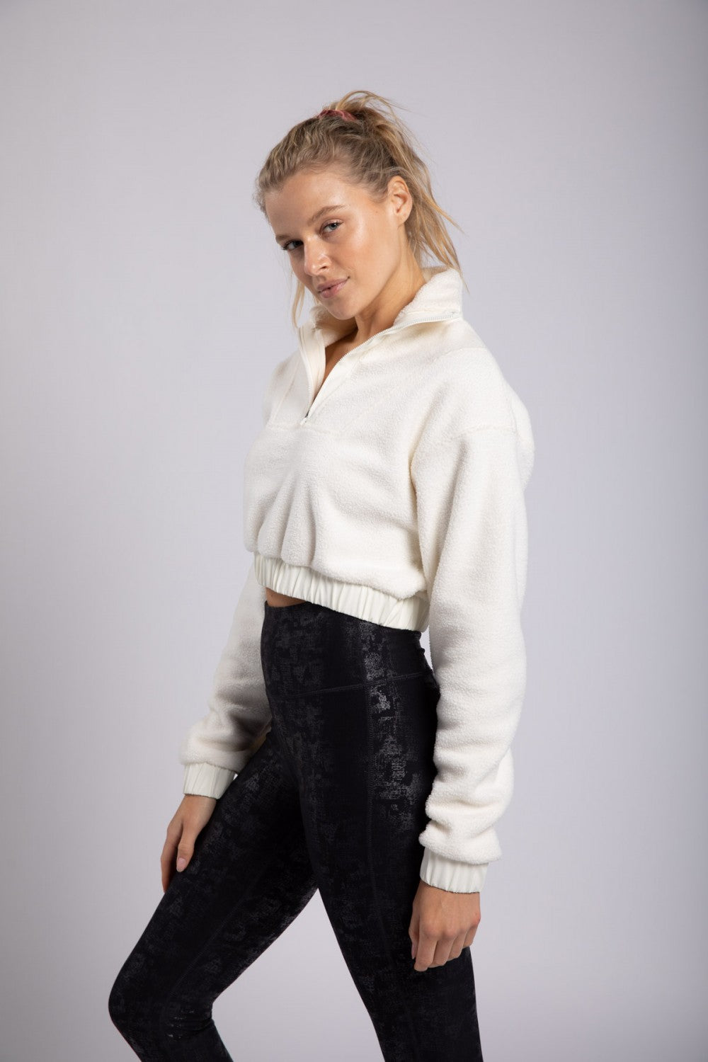 Cropped Teddy Half-Zip Pullover Ivory