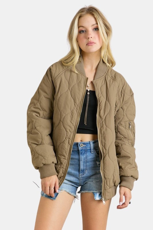 Quilted Utility Bomber Jacket Khaki Olive