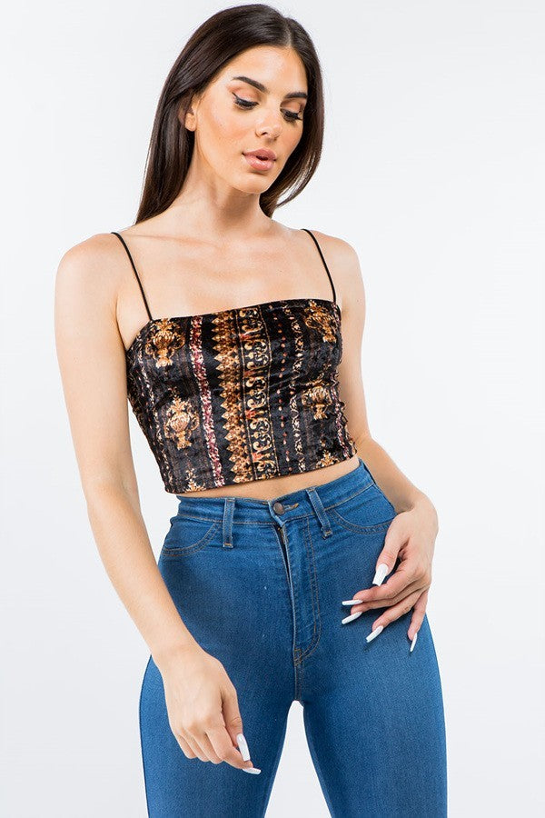 Baroque Velvet Thin Strap Crop Top