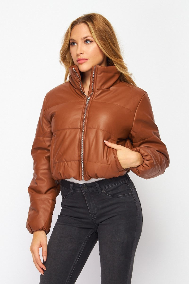 Leather Collar Puffer Jacket