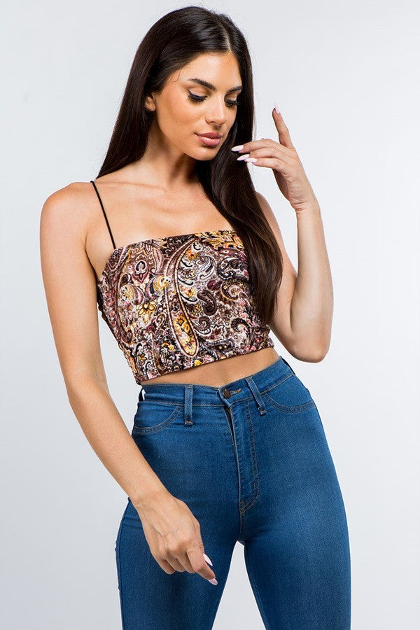 Multicolor Paisley Velvet Thin Strap Crop Top