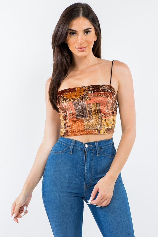 Paisley Velvet Thin Strap Crop Top