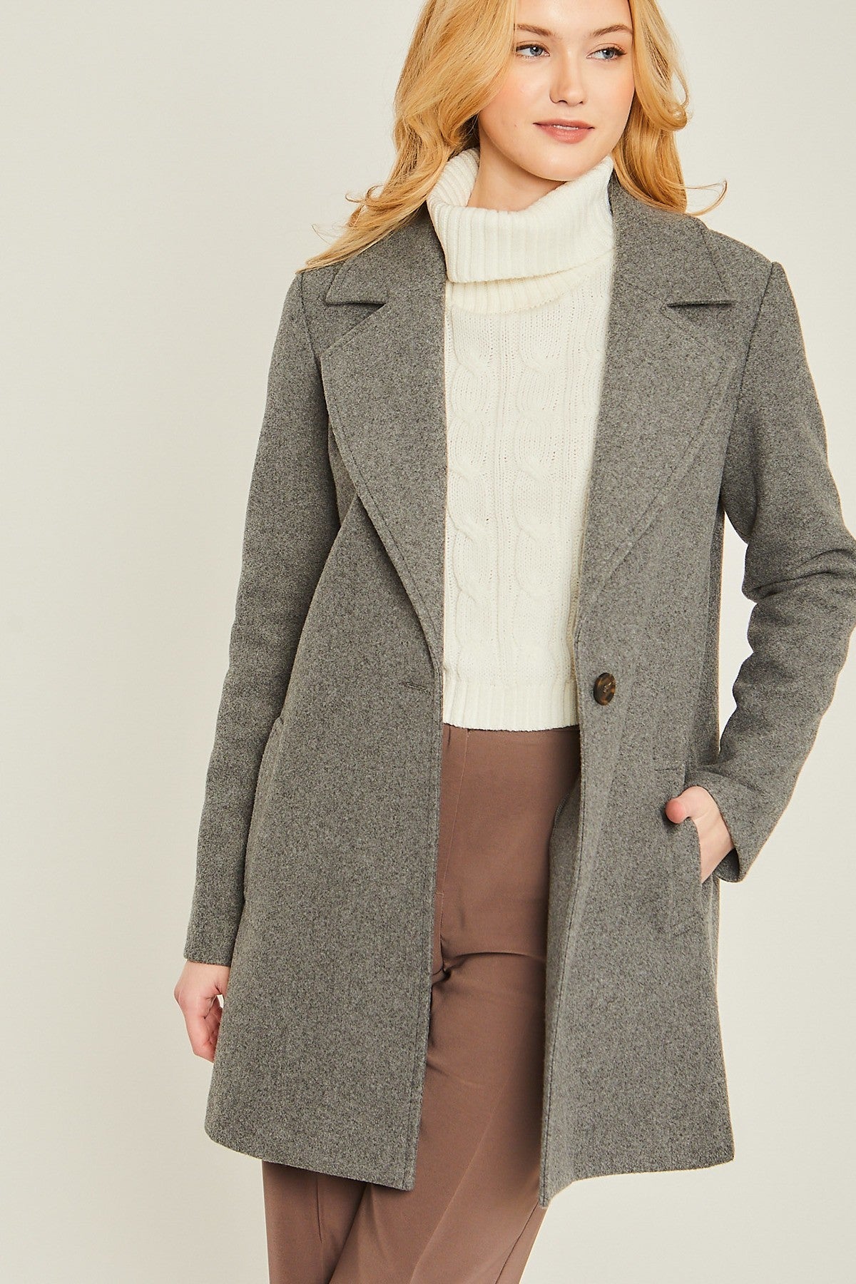 Brushed Collar Long Peacoat Jacket