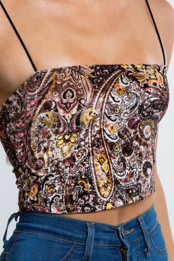 Multicolor Paisley Velvet Thin Strap Crop Top