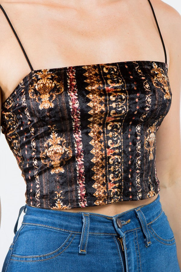 Baroque Velvet Thin Strap Crop Top