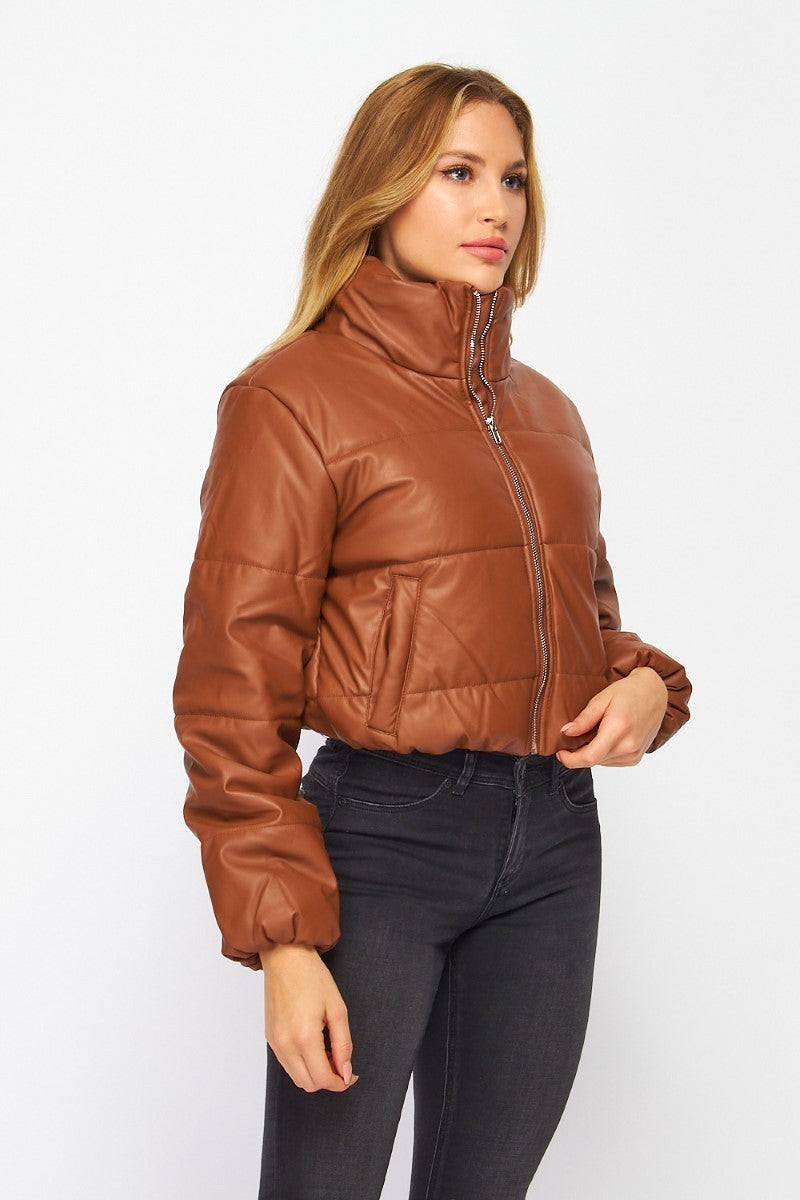 Leather Collar Puffer Jacket