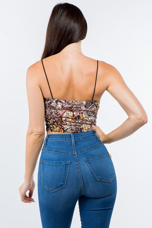 Multicolor Paisley Velvet Thin Strap Crop Top