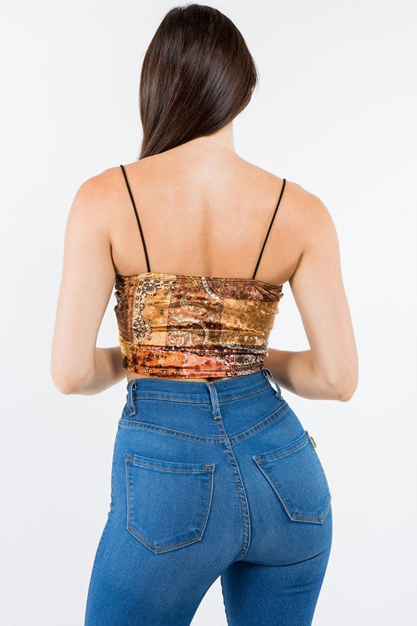 Paisley Velvet Thin Strap Crop Top