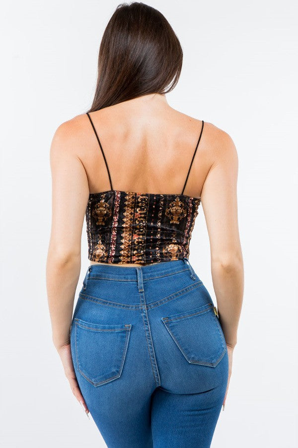 Baroque Velvet Thin Strap Crop Top