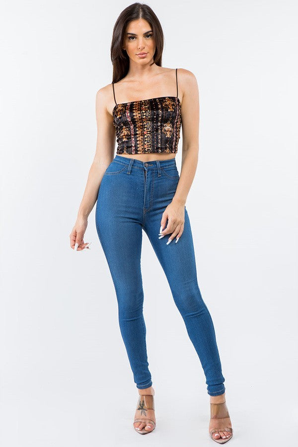 Baroque Velvet Thin Strap Crop Top