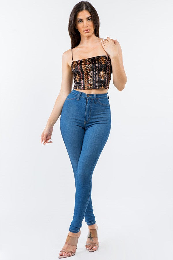 Baroque Velvet Thin Strap Crop Top